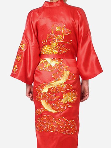 Plus Size XXXL Chinese Men Embroidery Dragon Robes Traditional Male Sleepwear Nightwear Navy Blue Kimono Bath Gown With Belt