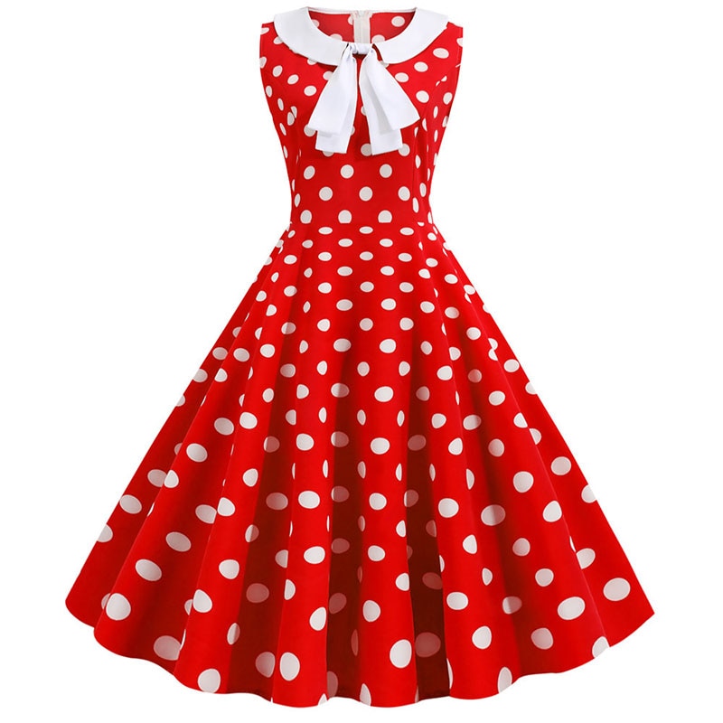 Plus Size Polka Dot Vintage Dress Women Summer Pink Rockabilly Office Party Dress Casual Peter Pan Collar Bow Sundress Vestidos