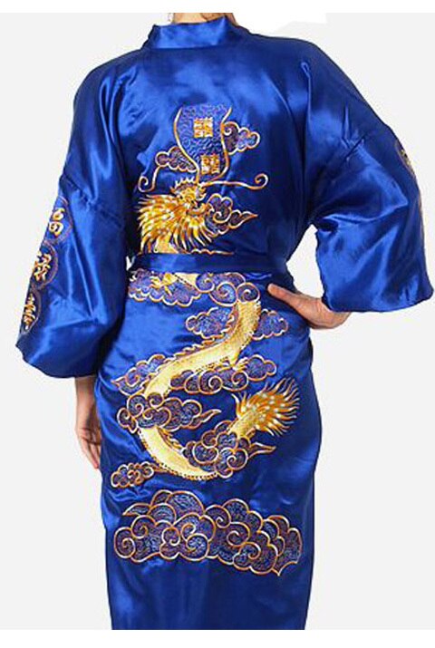 Plus Size XXXL Chinese Men Embroidery Dragon Robes Traditional Male Sleepwear Nightwear Navy Blue Kimono Bath Gown With Belt