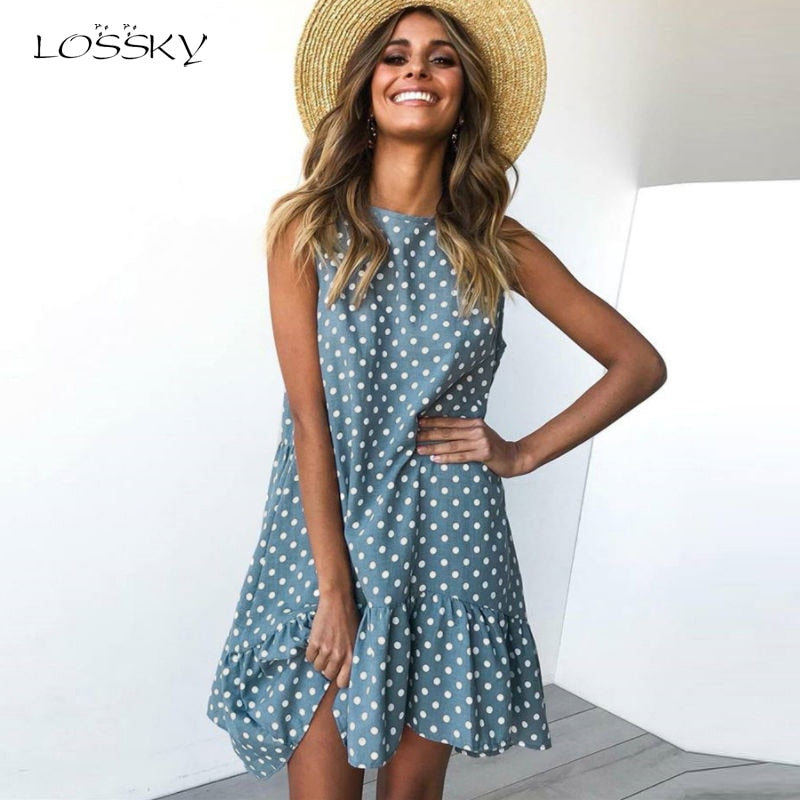 Lossky Women Summer Dress Polka Dot Chiffon Sleeveless Beach Mini Casual Yellow Sundress 2022 Fashion Plus Size Dress For Women