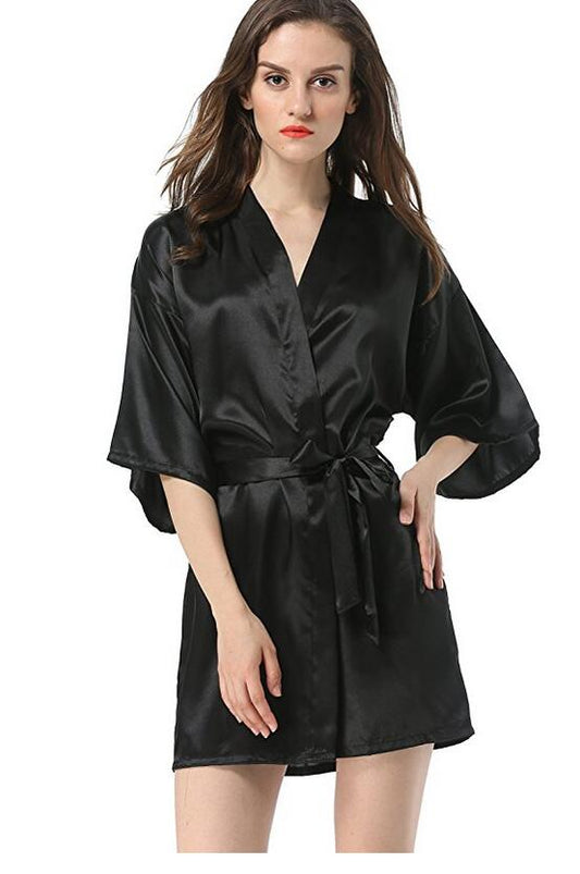 New Black Chinese Women&#39;s Faux Silk Robe Bath Gown Hot Sale Kimono Yukata Bathrobe Solid Color Sleepwear S M L XL XXL NB032