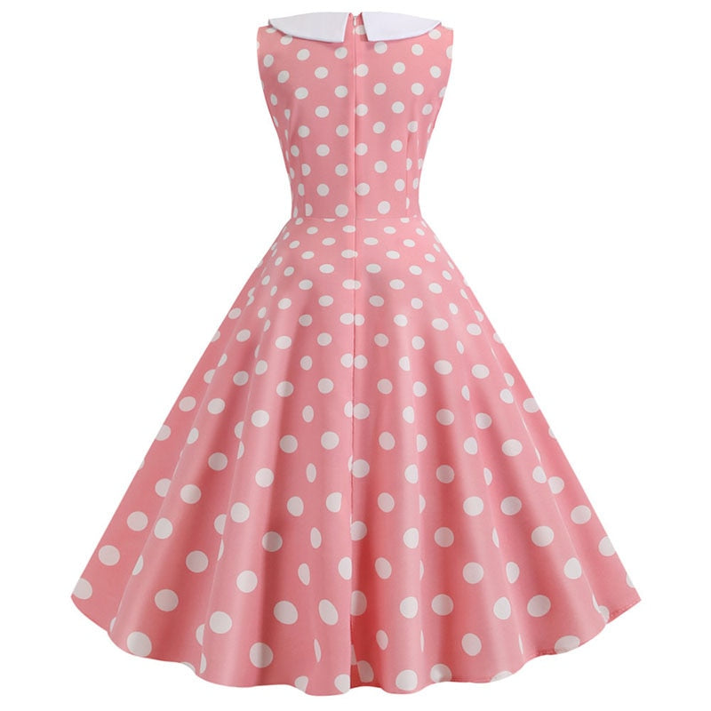 Plus Size Polka Dot Vintage Dress Women Summer Pink Rockabilly Office Party Dress Casual Peter Pan Collar Bow Sundress Vestidos