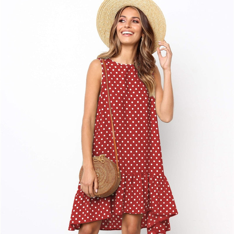 Lossky Women Summer Dress Polka Dot Chiffon Sleeveless Beach Mini Casual Yellow Sundress 2022 Fashion Plus Size Dress For Women