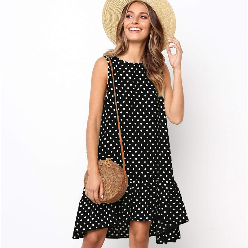 Lossky Women Summer Dress Polka Dot Chiffon Sleeveless Beach Mini Casual Yellow Sundress 2022 Fashion Plus Size Dress For Women