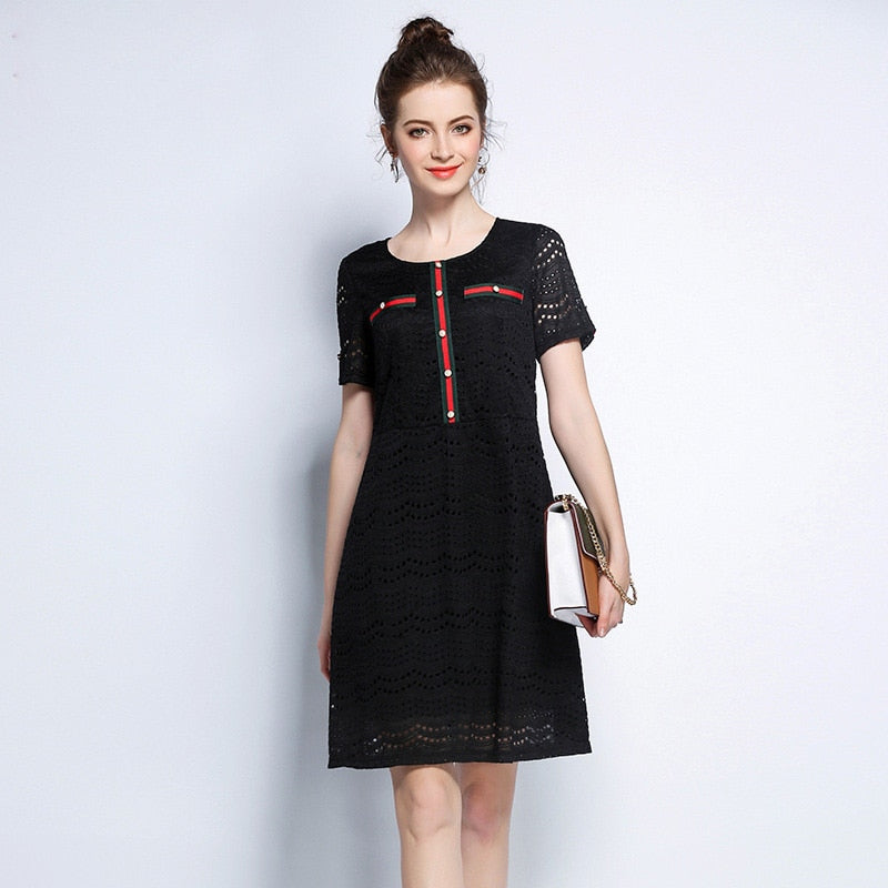 Fress Shipping 5XL New Summer Women&#39;s Black Patchwork Lace Short Sleeve Dress Female Plus Size Fashion Casual Dresses vestidos