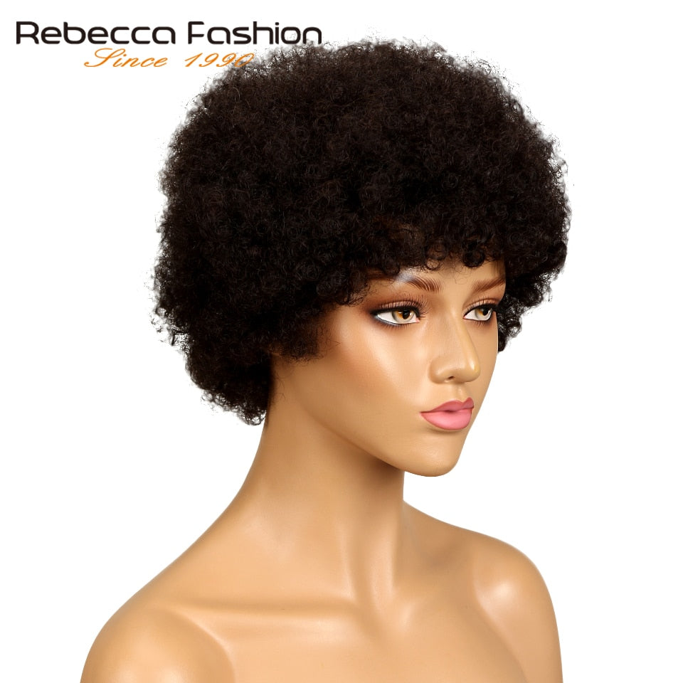 Rebecca Short Brazilian Afro Kinky Curly Wig Color 2# Dark Brown Red Human Hair Kinky Curly Non Lace Wigs For Women