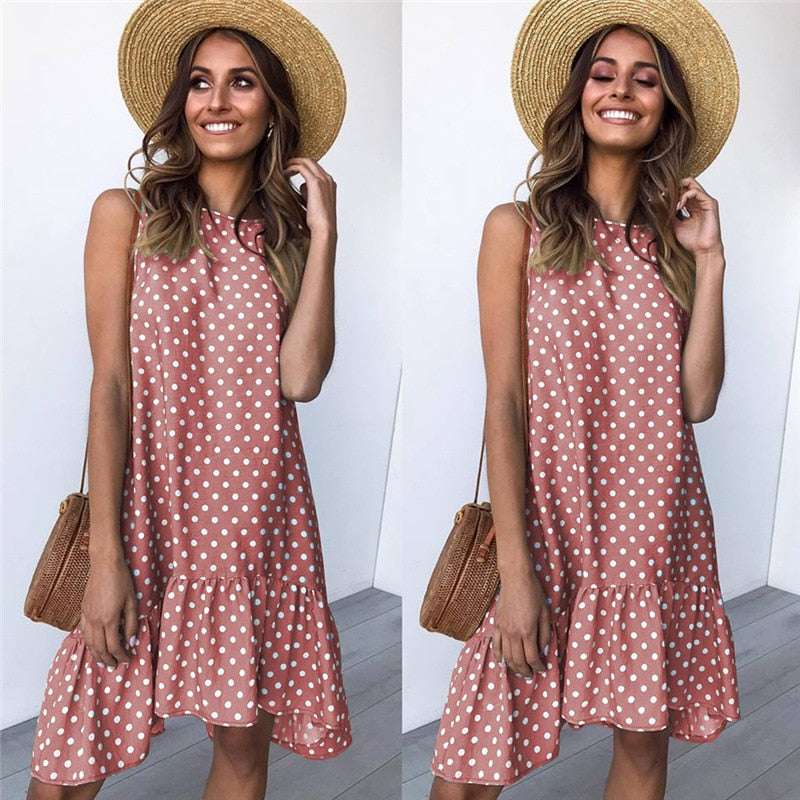 Lossky Women Summer Dress Polka Dot Chiffon Sleeveless Beach Mini Casual Yellow Sundress 2022 Fashion Plus Size Dress For Women