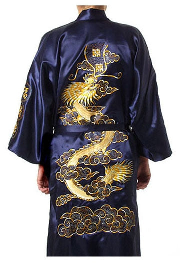 Plus Size XXXL Chinese Men Embroidery Dragon Robes Traditional Male Sleepwear Nightwear Navy Blue Kimono Bath Gown With Belt