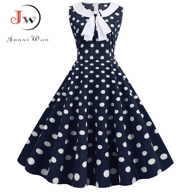 Plus Size Polka Dot Vintage Dress Women Summer Pink Rockabilly Office Party Dress Casual Peter Pan Collar Bow Sundress Vestidos