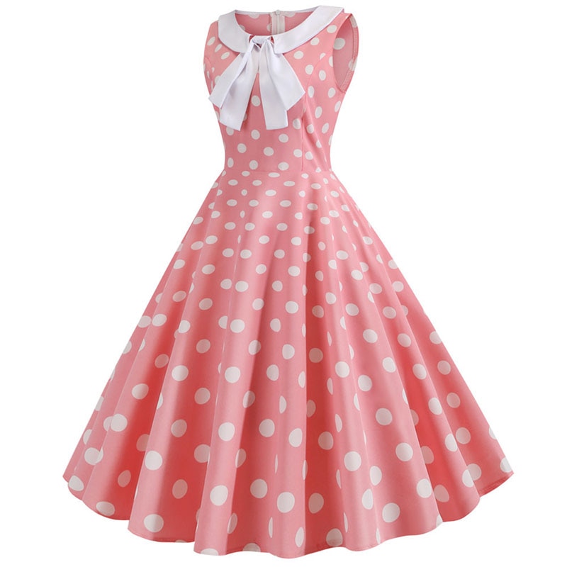 Plus Size Polka Dot Vintage Dress Women Summer Pink Rockabilly Office Party Dress Casual Peter Pan Collar Bow Sundress Vestidos