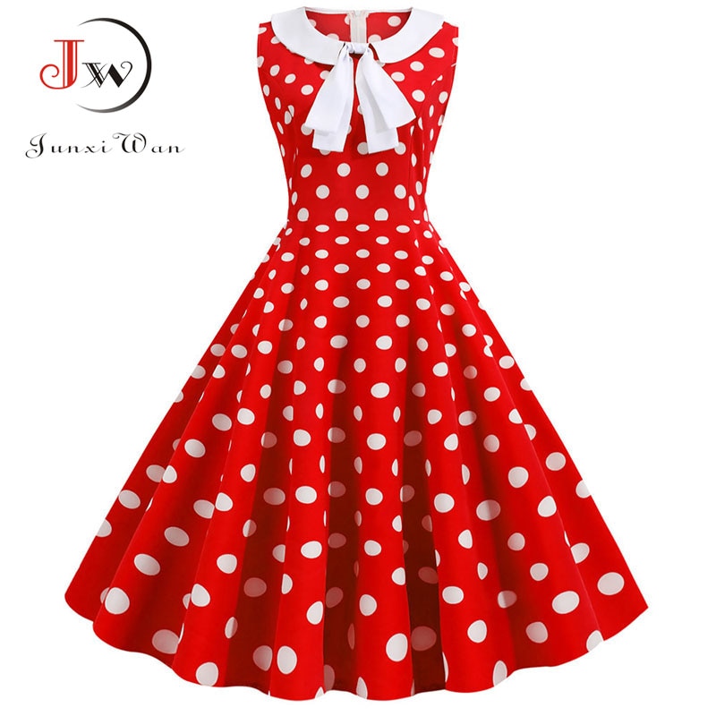 Plus Size Polka Dot Vintage Dress Women Summer Pink Rockabilly Office Party Dress Casual Peter Pan Collar Bow Sundress Vestidos