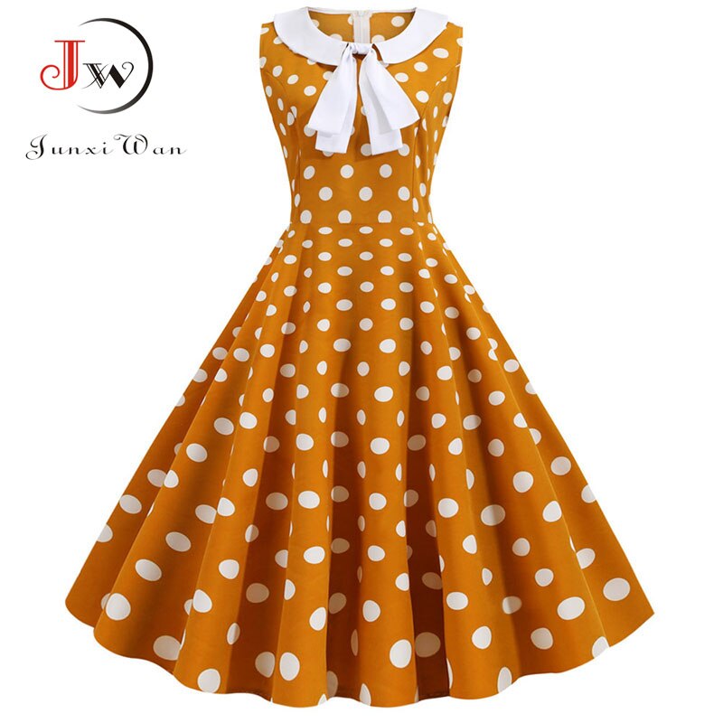 Plus Size Polka Dot Vintage Dress Women Summer Pink Rockabilly Office Party Dress Casual Peter Pan Collar Bow Sundress Vestidos