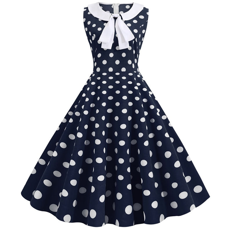 Plus Size Polka Dot Vintage Dress Women Summer Pink Rockabilly Office Party Dress Casual Peter Pan Collar Bow Sundress Vestidos