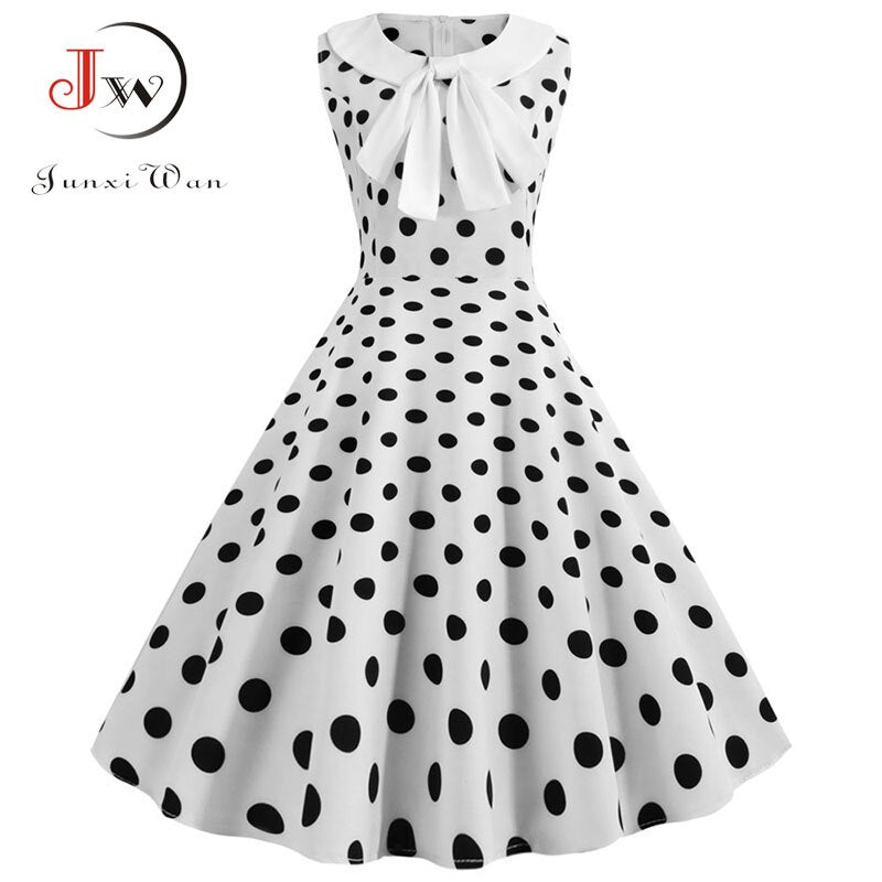 Plus Size Polka Dot Vintage Dress Women Summer Pink Rockabilly Office Party Dress Casual Peter Pan Collar Bow Sundress Vestidos