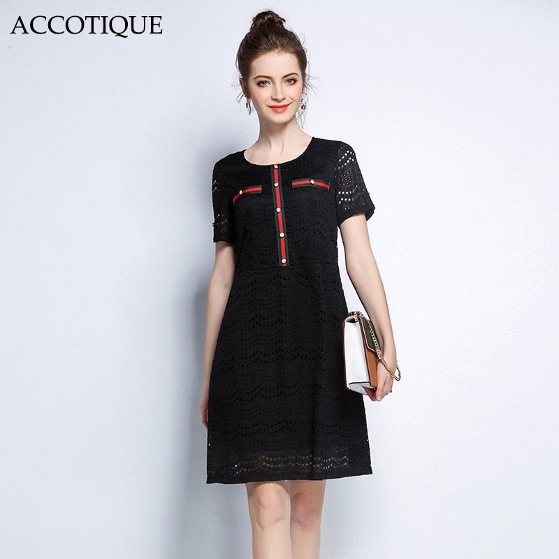 Fress Shipping 5XL New Summer Women&#39;s Black Patchwork Lace Short Sleeve Dress Female Plus Size Fashion Casual Dresses vestidos