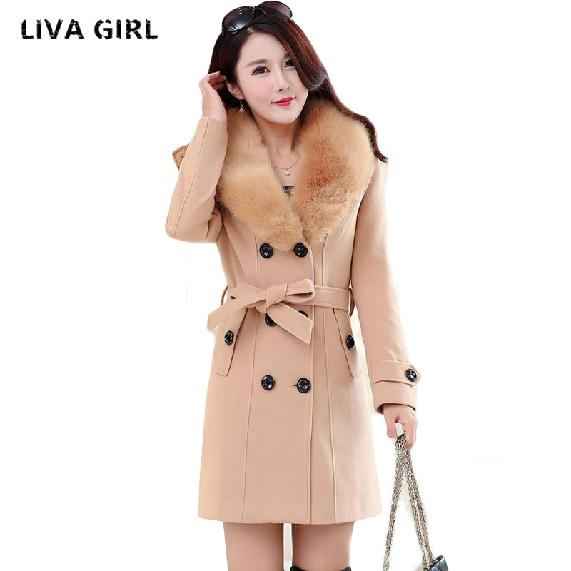 Plus Size 2018 new Winter Womens Double Breasted Big Fur Collar Wool Coat Long Winter Jackets Parka Coats Outerwear High Quality