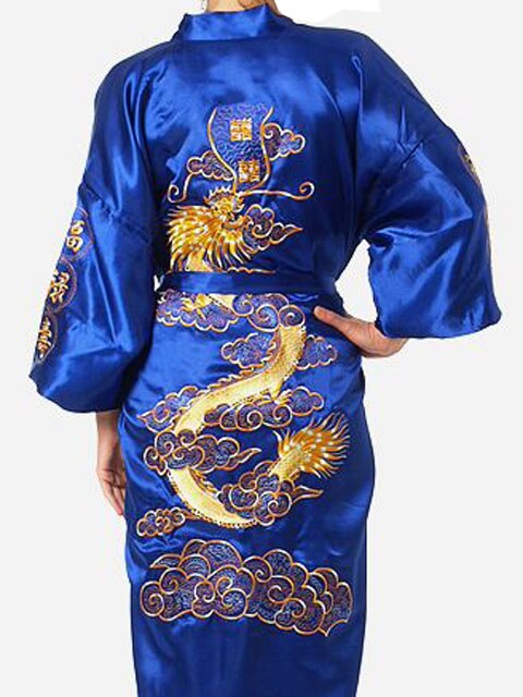 Plus Size XXXL Chinese Men Embroidery Dragon Robes Traditional Male Sleepwear Nightwear Navy Blue Kimono Bath Gown With Belt