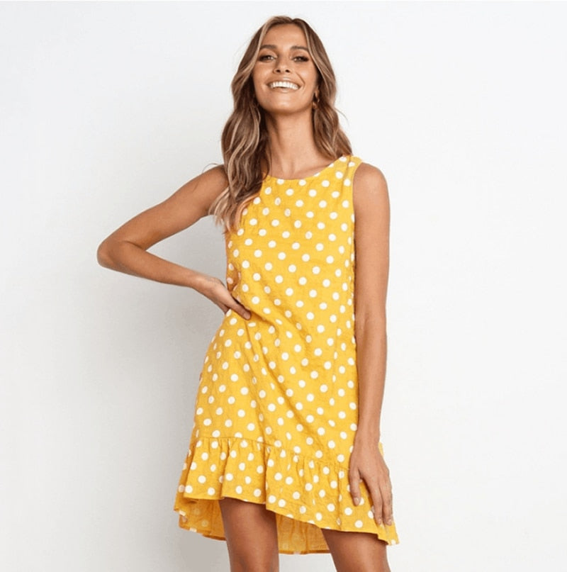 Lossky Women Summer Dress Polka Dot Chiffon Sleeveless Beach Mini Casual Yellow Sundress 2022 Fashion Plus Size Dress For Women