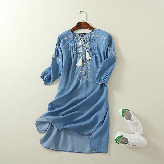 Ethnic Embroidery Denim Dresses Women Wrist Sleeve O-Neck Casual Shirt Dress Spring 2021 Plus Size Vestido Jeans Feminino