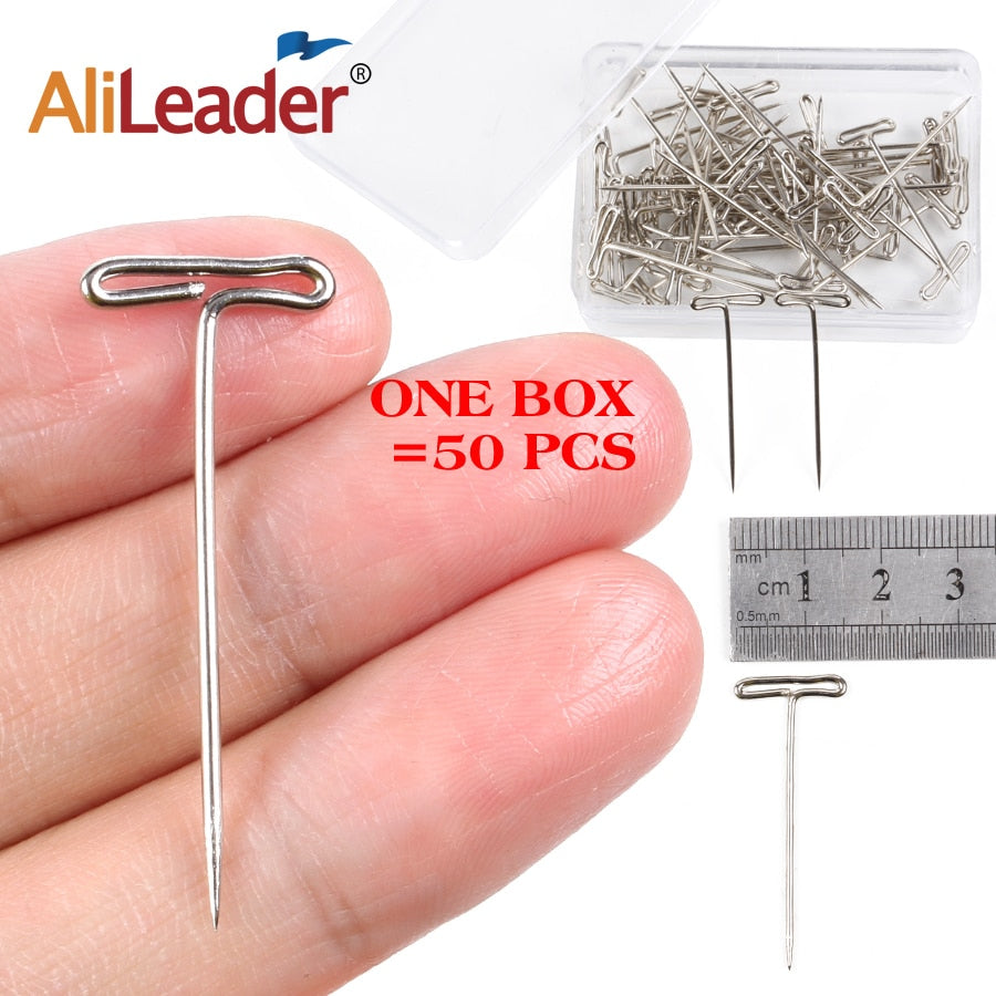 AliLeader Good Quality Silver 50pcs Tpins for Wigs Making/Display On Foam Head 38mm Long T-pins Sewing Hair Needles Styling tool