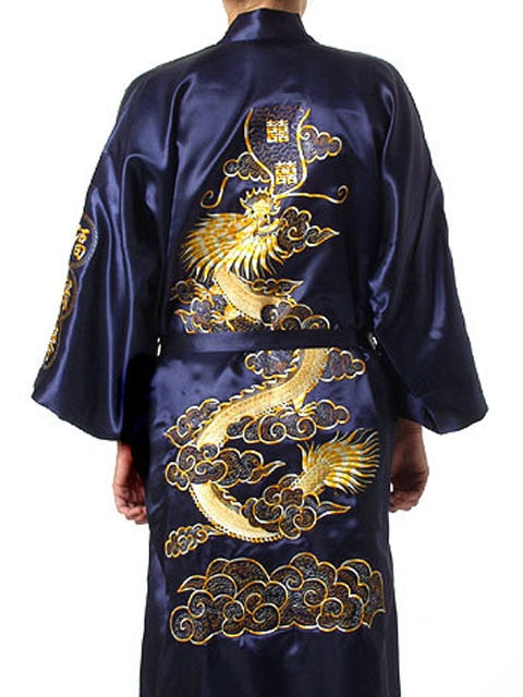 Plus Size XXXL Chinese Men Embroidery Dragon Robes Traditional Male Sleepwear Nightwear Navy Blue Kimono Bath Gown With Belt