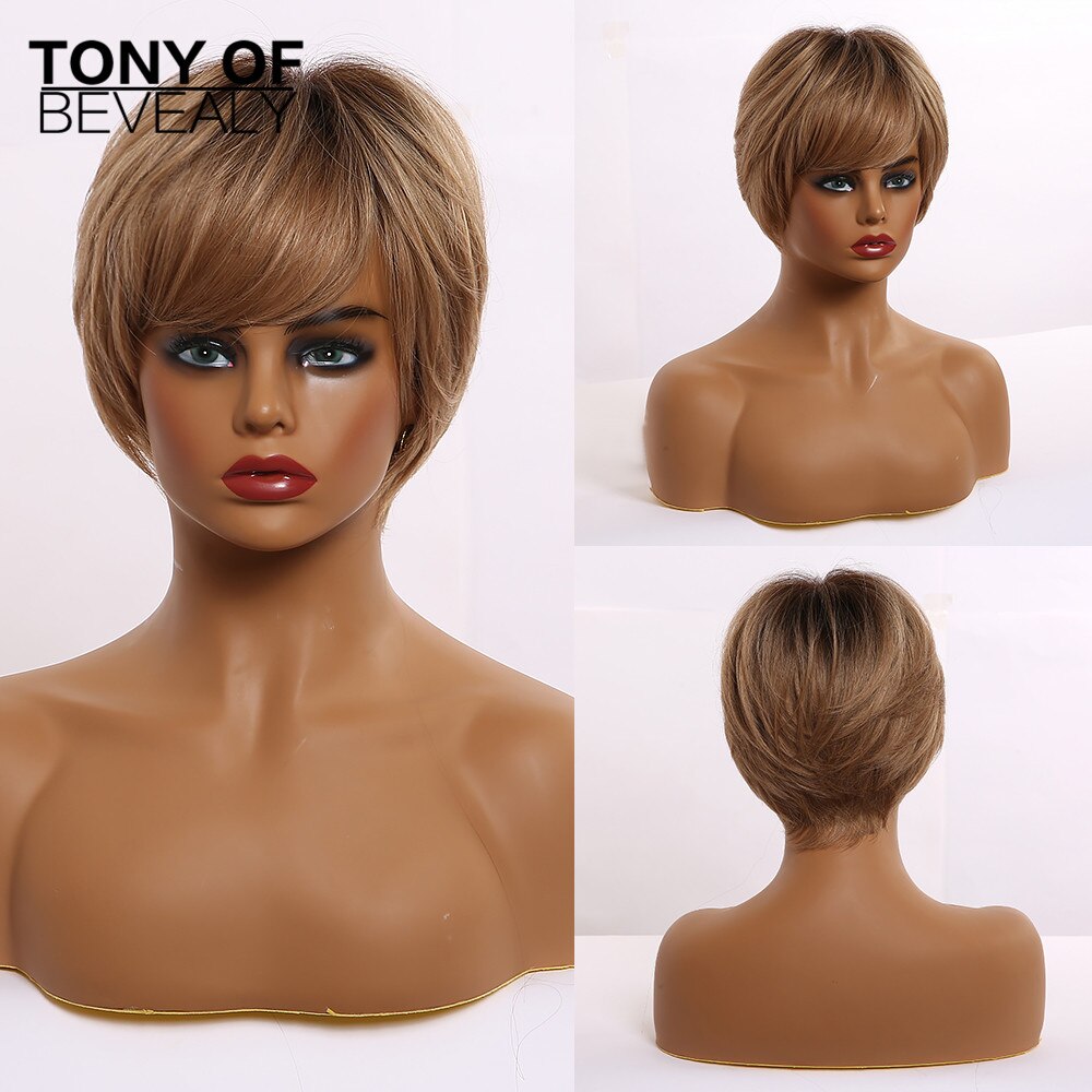 Short Straight Wigs Ombre Brown Synthetic Hair Wigs with Bangs for Black Women Daily Cosplay Heat Resistant Natural Hair Wigs