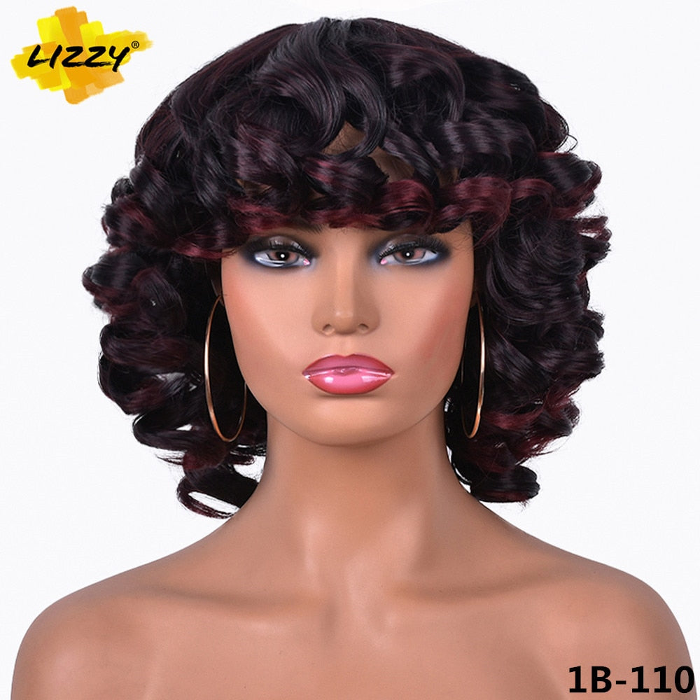 Short Hair Afro Curly Wig With Bangs Loose Synthetic Cosplay Fluffy Shoulder Length Natural Wigs For Black Women Dark Brown 14&quot;