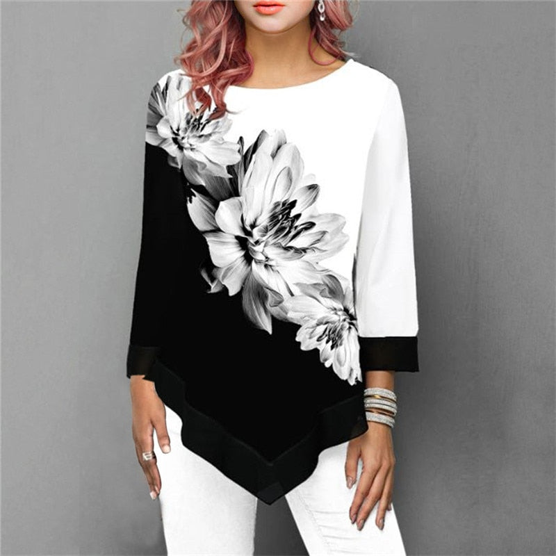 New Spring 5XL Large Size Women T Shirt Casual Irregular O-Neck Lace Splice Floral Printing Tee Shirt Women&#39;s Tops Plus Size 4XL