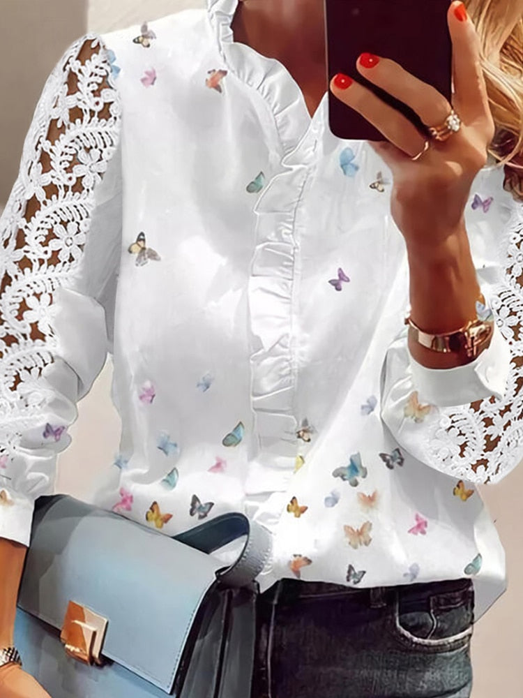 Oversize Work Wear Fashion Lady White Tee Shirts 2021 Summer Tops Plus Size Butterfly Print V-Neck Long Sleeves Casual Blouse