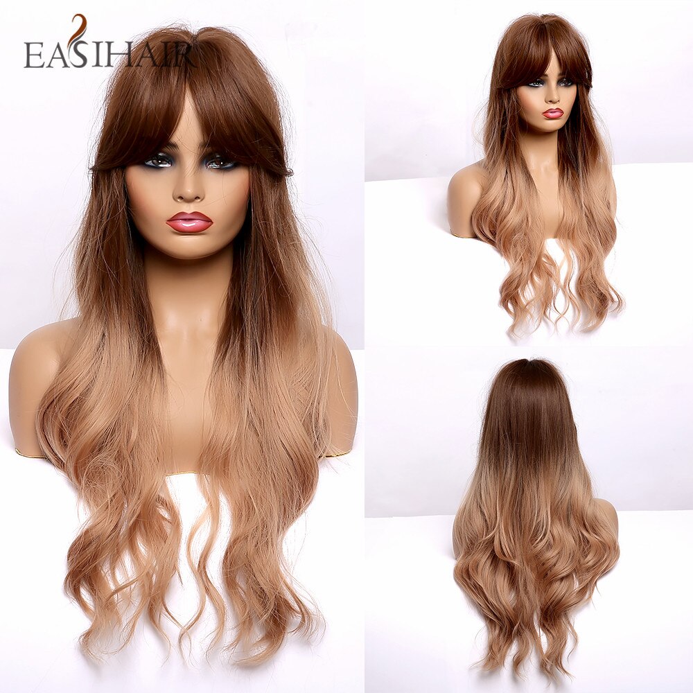 EASIHAIR Long Ombre Brown Wavy Synthetic Wigs for Women Wigs with Bangs Heat Resistant Blonde Cosplay Wigs Daily Natural Hair