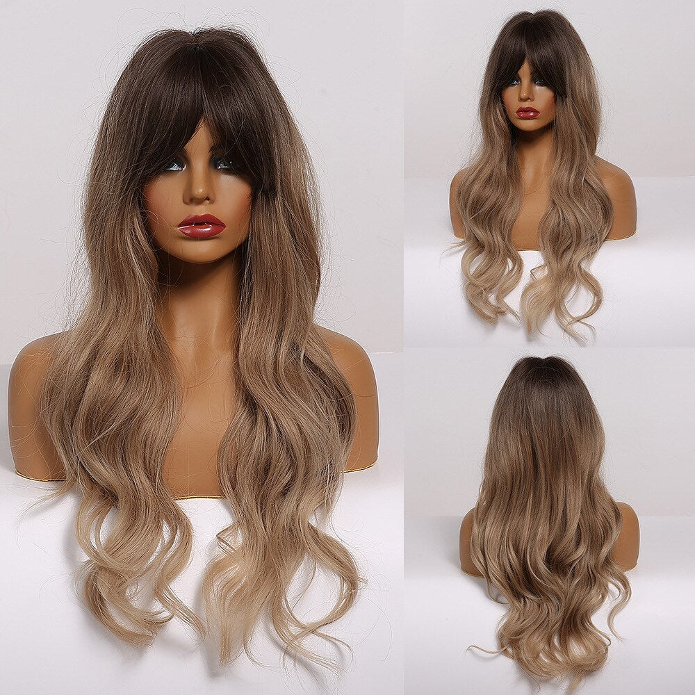 EASIHAIR Grey Ombre Wavy Wigs Long Synthetic Wigs for Women Wigs with Bangs Natural Hair Wigs Heat Resistant Cosplay Wigs