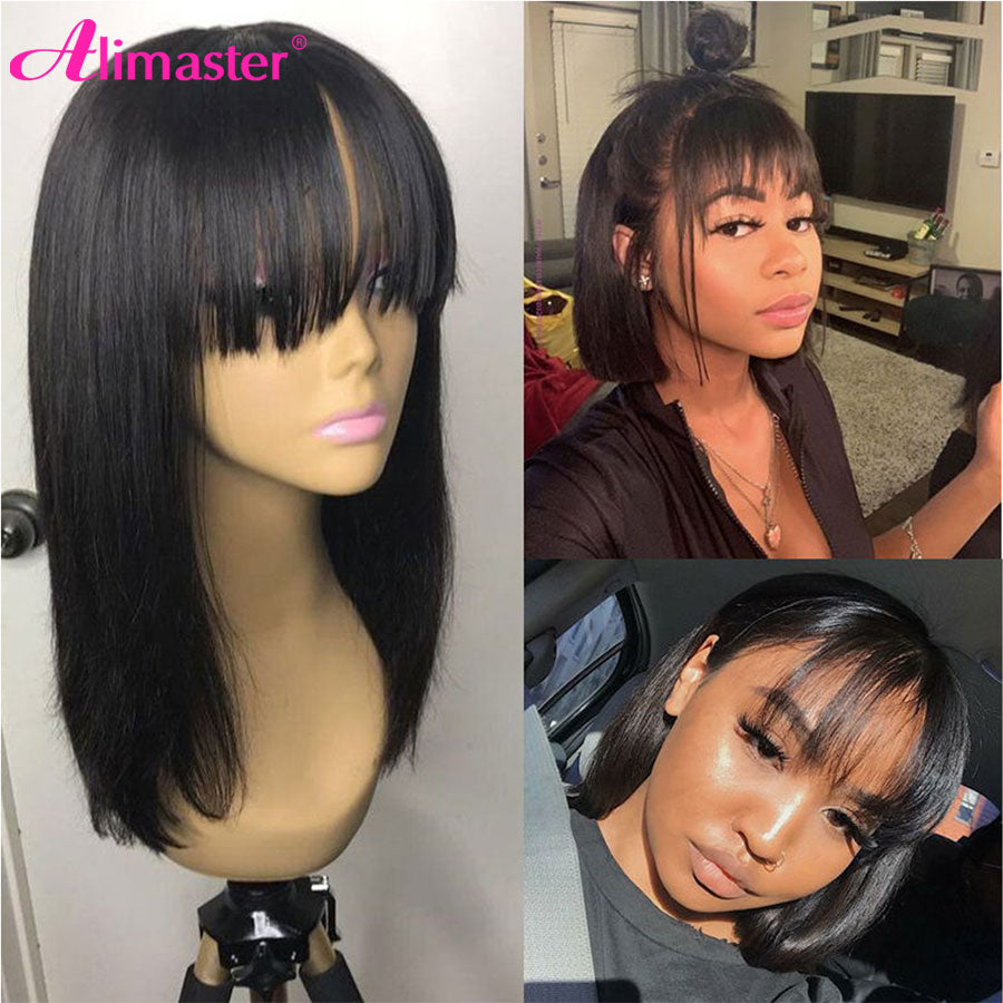 Straight Bob Human Hair Wigs With Bangs Short Brazilian Human Hair Bob Wigs For Woman No Lace Full Machine Made Human Hair Wigs