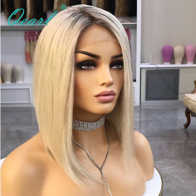 Ashy Grey Blonde Human Hair Lace Front Wig Short Bob Straight Frontal Wigs Platinum White Highlights 13x1 Virgin Hair 150% Qearl