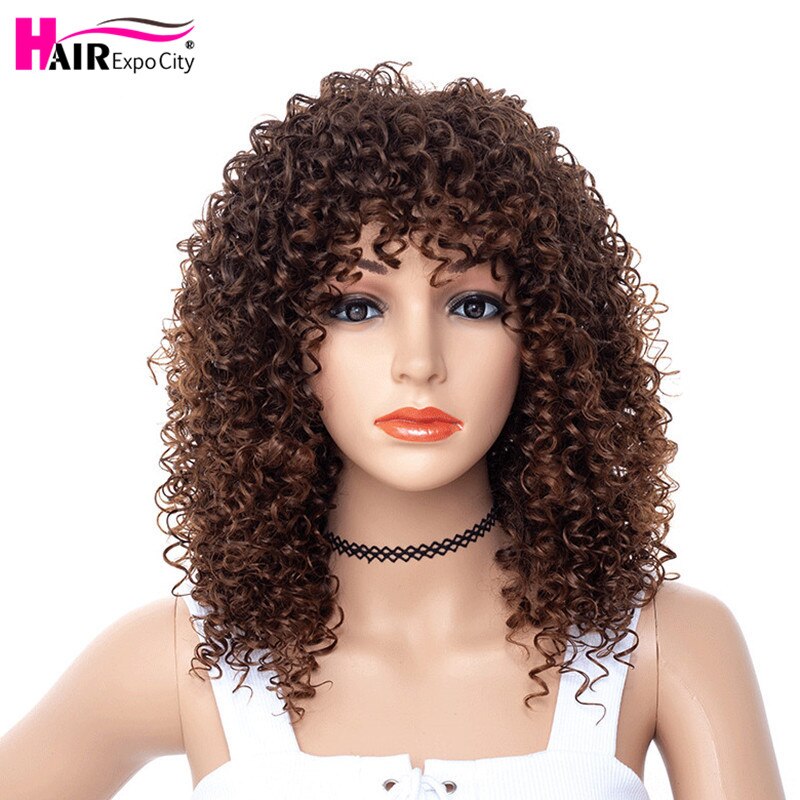 Short Afro Kinky Curly Wig With Bangs Synthetic Wigs For Black Women Heat Resistant Fiber Mixed Brown and Blond Hair Expo City