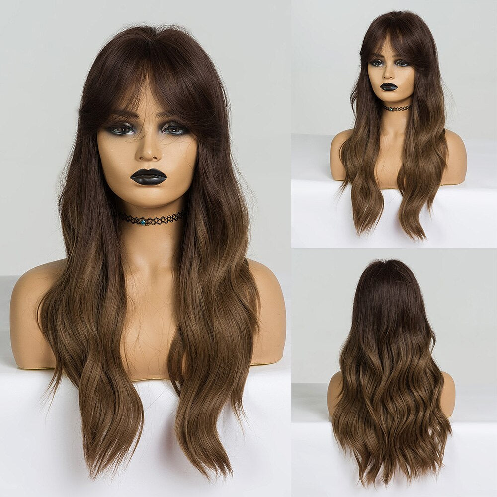 EASIHAIR Grey Ombre Wavy Wigs Long Synthetic Wigs for Women Wigs with Bangs Natural Hair Wigs Heat Resistant Cosplay Wigs