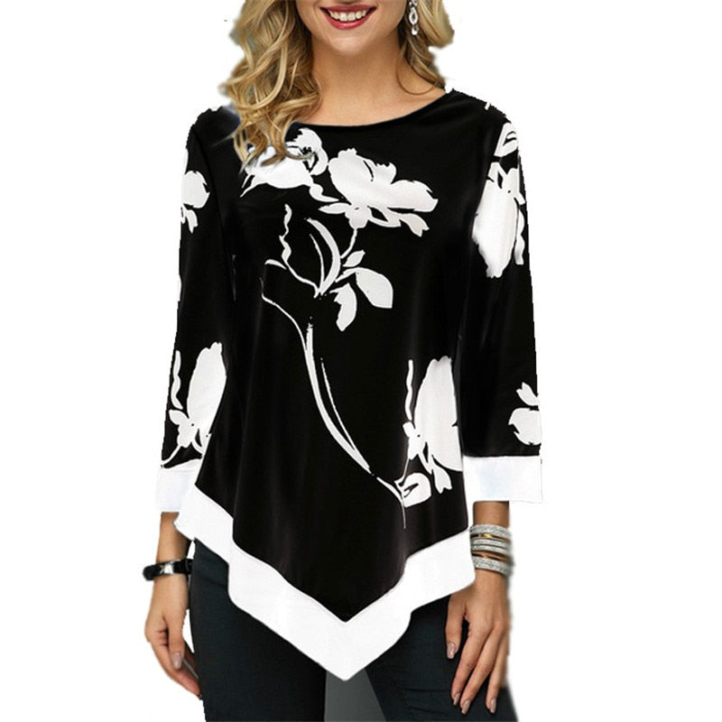 New Spring 5XL Large Size Women T Shirt Casual Irregular O-Neck Lace Splice Floral Printing Tee Shirt Women&#39;s Tops Plus Size 4XL