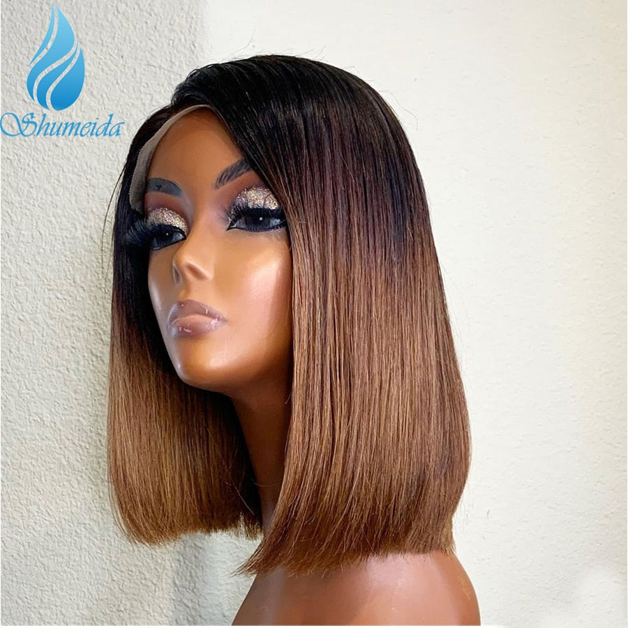 150% Density Ombre Brown 13x4 Lace Front Human Hair Wigs Brazilian Remy Human Hair Lace Frontal Wig Short BoB Wig with Baby Hair