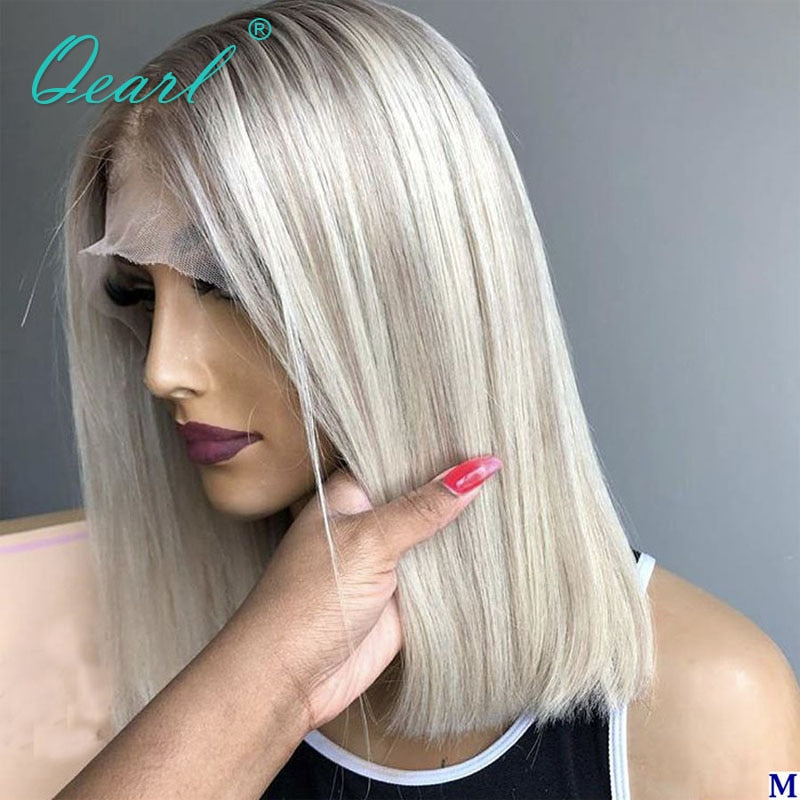 Ashy Grey Blonde Human Hair Lace Front Wig Short Bob Straight Frontal Wigs Platinum White Highlights 13x1 Virgin Hair 150% Qearl