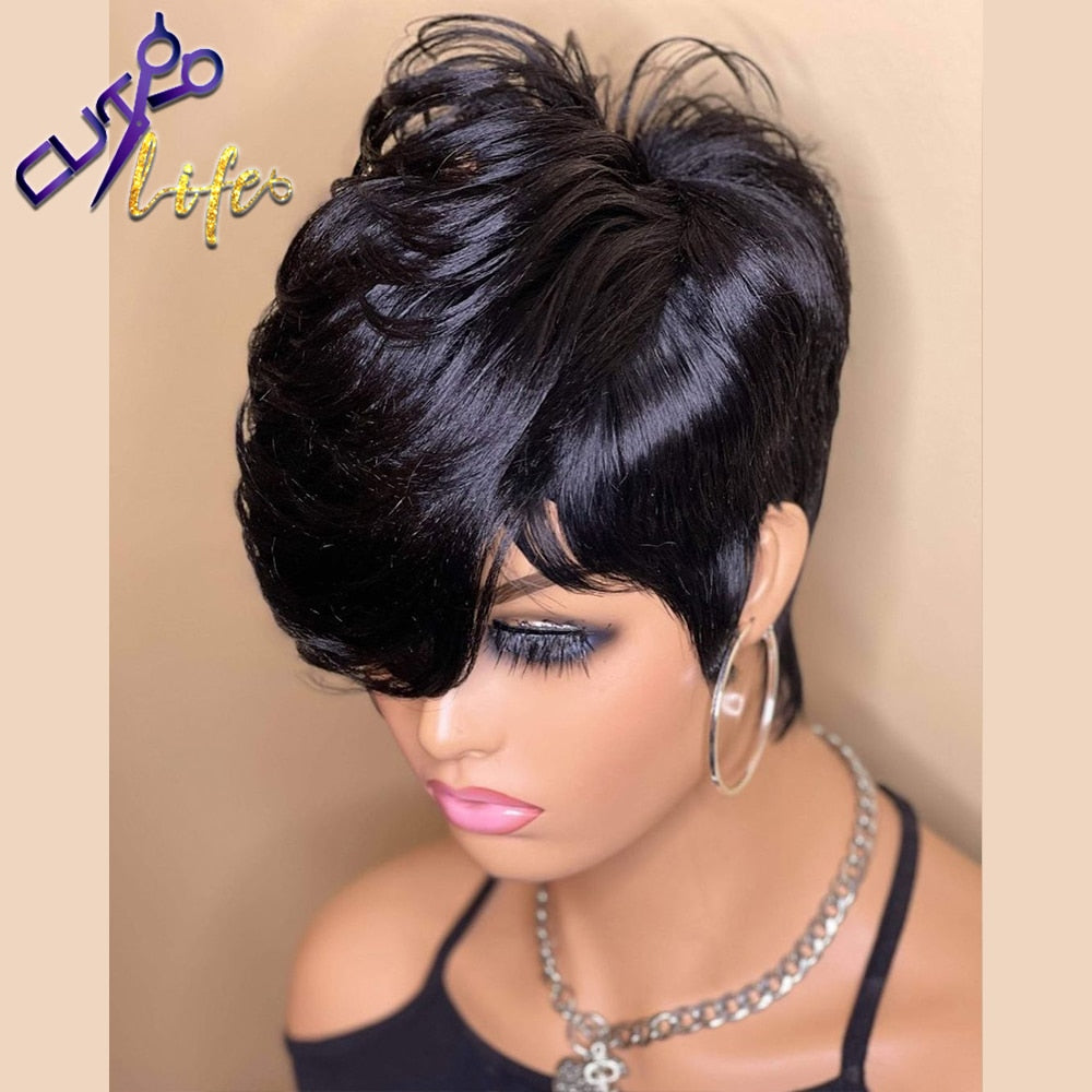 Beauty Short Bob Wavy Wig With Bangs Full Machine No Lace Wigs For Women Brazilian Cheap Remy Straight Human Hair Pixie Cut Wig