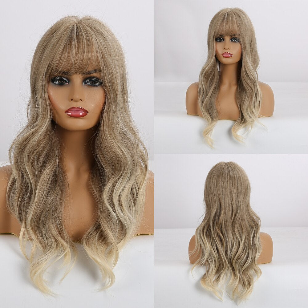 EASIHAIR Grey Ombre Wavy Wigs Long Synthetic Wigs for Women Wigs with Bangs Natural Hair Wigs Heat Resistant Cosplay Wigs