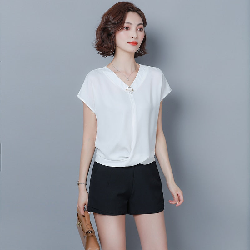 Spring Summer New Plus Size Irregular Chiffon Shirts Women Loose Bat Short Sleeve V-neck Office Lady Solid Elegant Blusas 9051