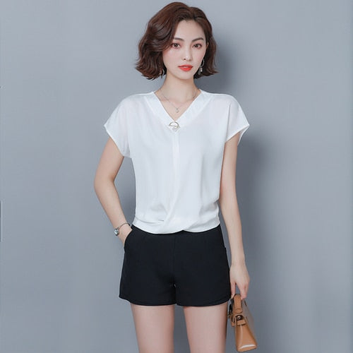 Spring Summer New Plus Size Irregular Chiffon Shirts Women Loose Bat Short Sleeve V-neck Office Lady Solid Elegant Blusas 9051