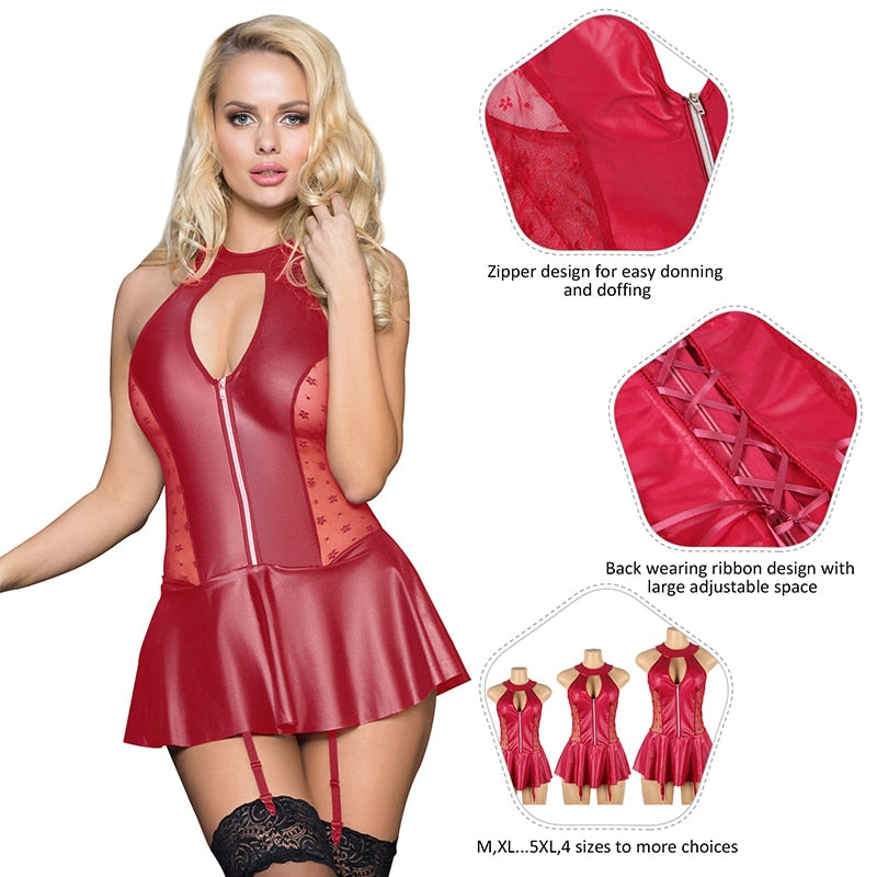 Comeondear Sexy Nachtkleding Plus Size Halter Faux Leather Gartered Lingerie Porn Fancy Night Sleep Dress Wet Look Nightwear