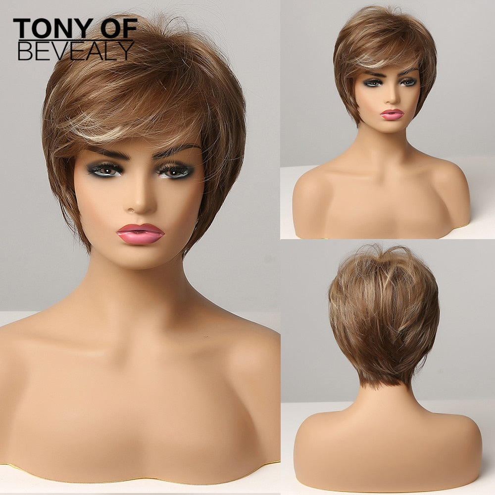 Short Straight Wigs Ombre Brown Synthetic Hair Wigs with Bangs for Black Women Daily Cosplay Heat Resistant Natural Hair Wigs