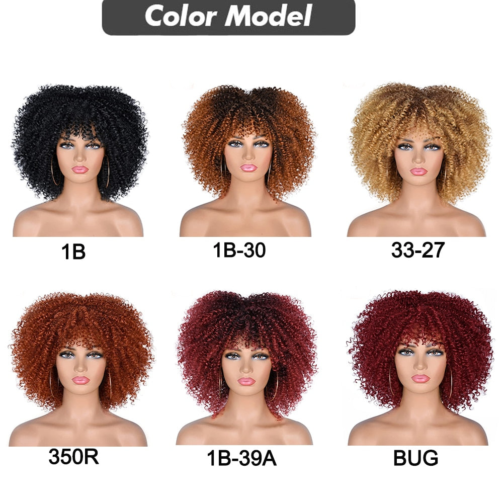 Short Hair Afro Kinky Curly Wigs With Bangs African Synthetic Ombre Glueless Cosplay Wigs For Black Women High Temperature