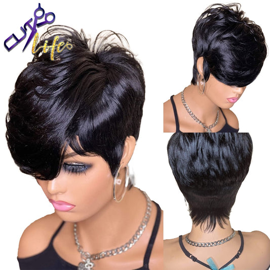 Beauty Short Bob Wavy Wig With Bangs Full Machine No Lace Wigs For Women Brazilian Cheap Remy Straight Human Hair Pixie Cut Wig