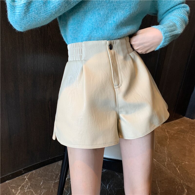 High Quality Faux Leather Shorts Women Spring Boot Wide Leg Eladtic High Waist Korea Girls PU Short Pants 2021 Summer Nude Plus