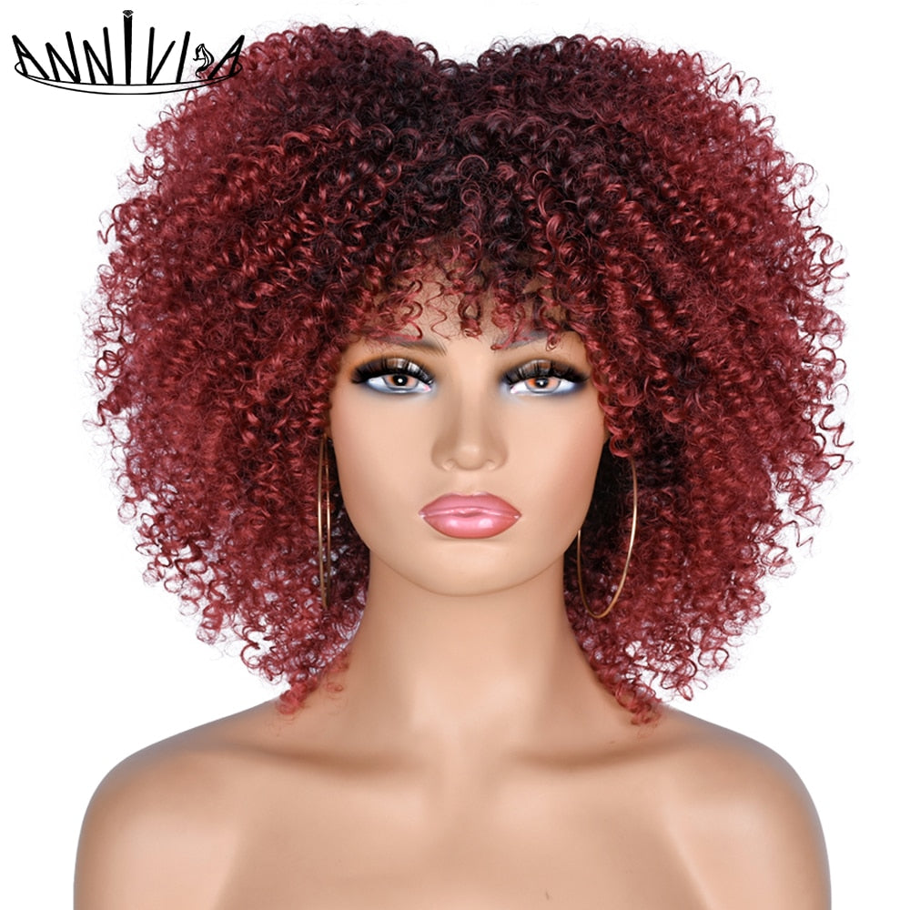 Short Hair Afro Kinky Curly Wigs With Bangs African Synthetic Ombre Glueless Cosplay Wigs For Black Women High Temperature