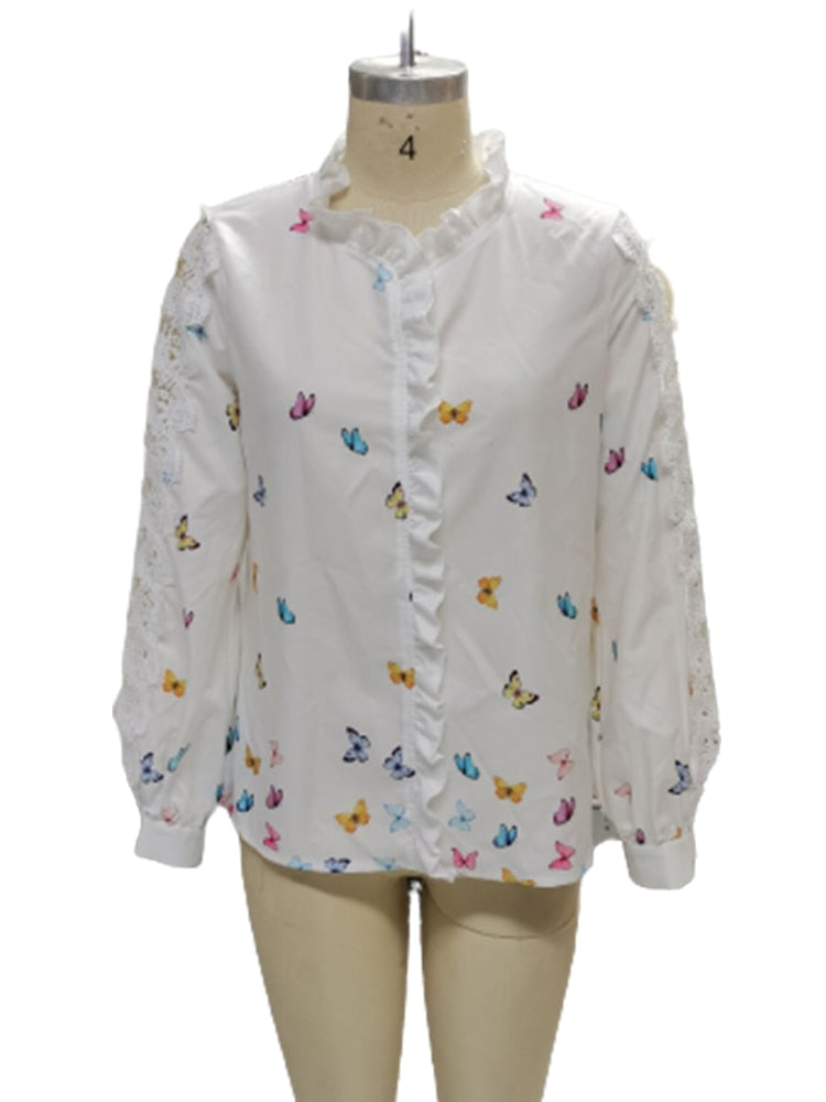 Oversize Work Wear Fashion Lady White Tee Shirts 2021 Summer Tops Plus Size Butterfly Print V-Neck Long Sleeves Casual Blouse