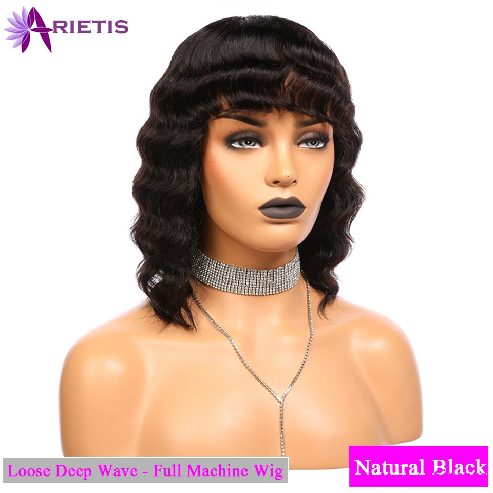 Jerry Curly Human Hair Wigs With Bangs 150% Density Glueless Full Machine Made Wig With Bang  Color 1b For Black Women